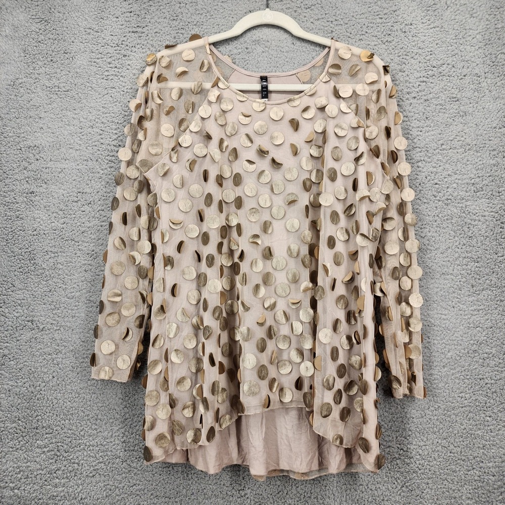 STAPLES Women Gold Metallic 3D Disc‎ Mesh High Low Long Sleeve Top XS
